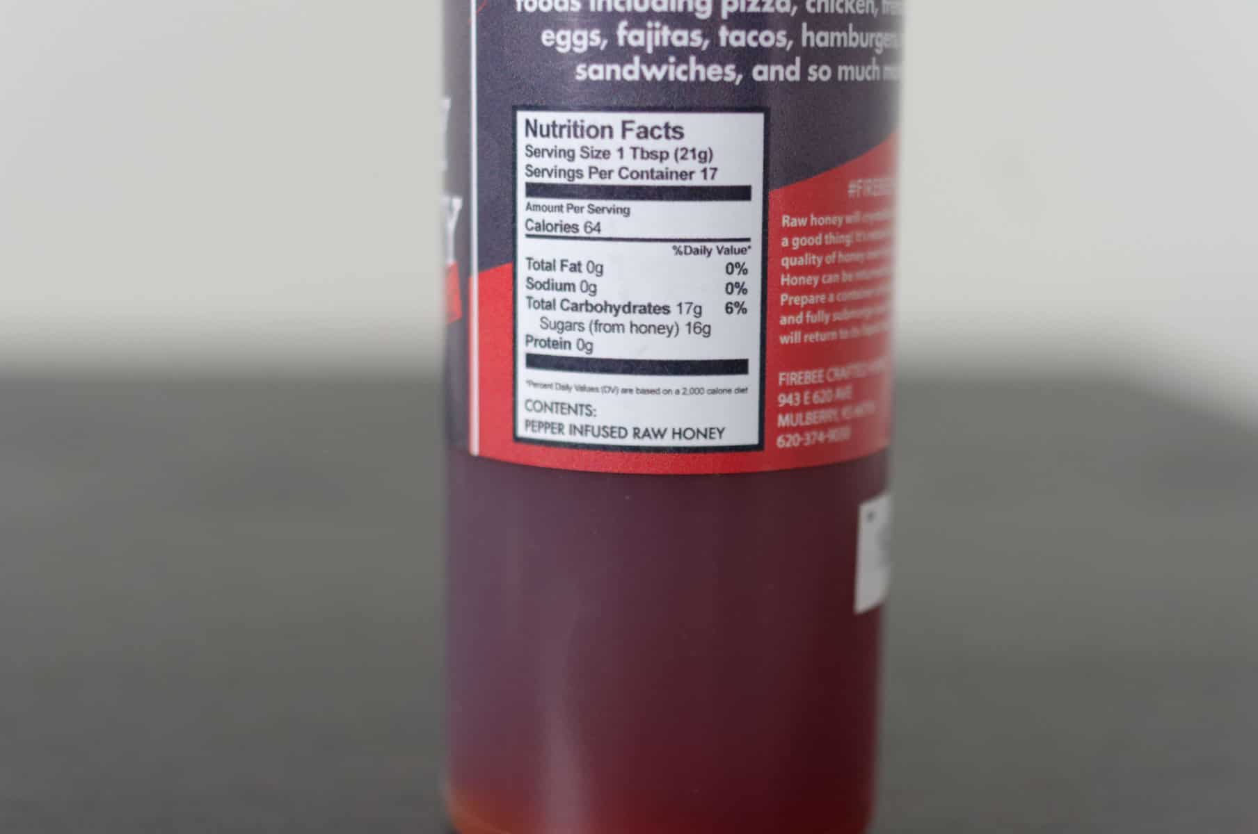 Firebee Spicy Honey Nutrition Label