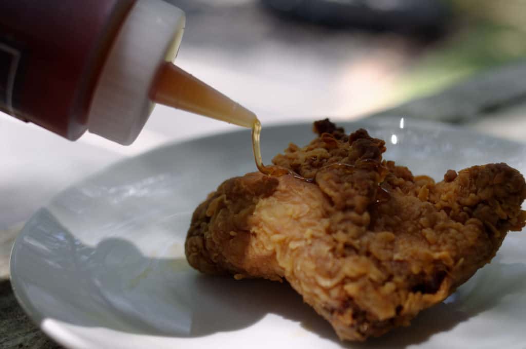 Spicy Honey on Fried Chicken Thigh, TheHoneyReview