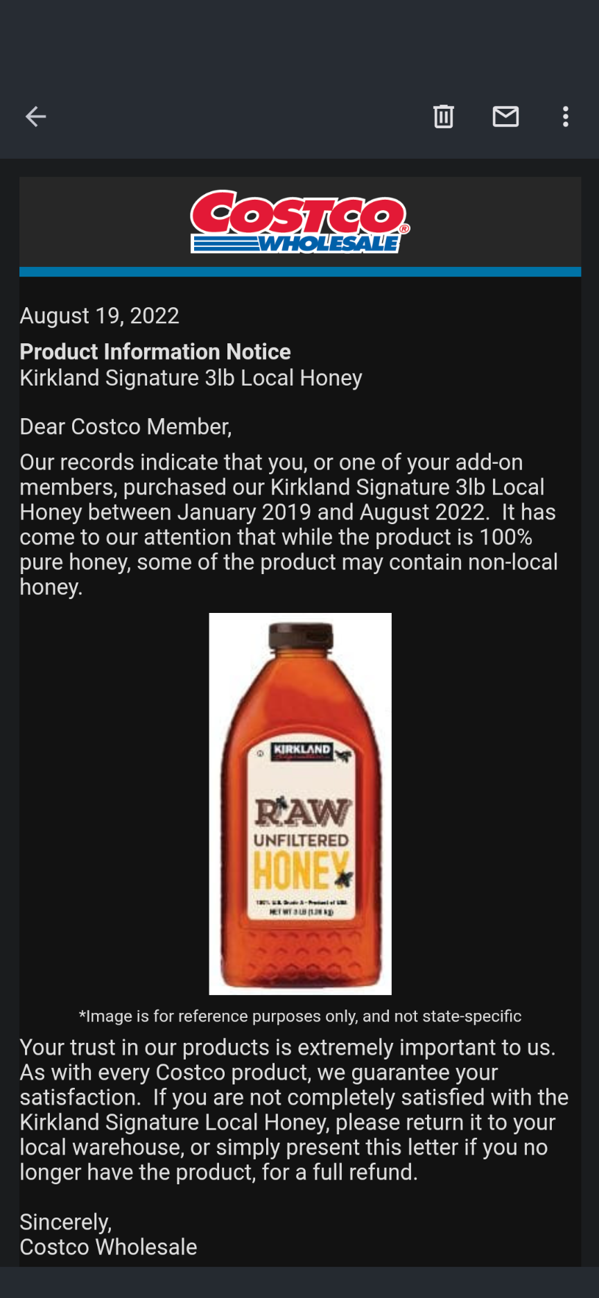 Kirkland Product Notice on Honey