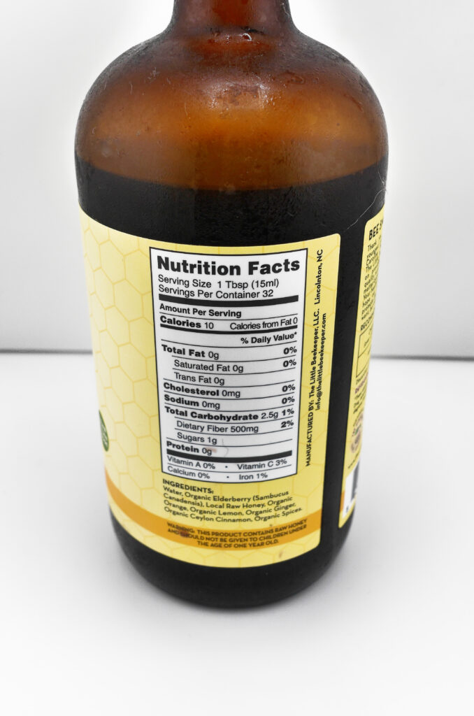 The Little Beekeeper Elderberry Syrup, The Honey Review, Nutrition Label