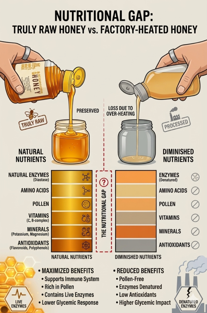 truly raw honey vs factory heated honey infographic