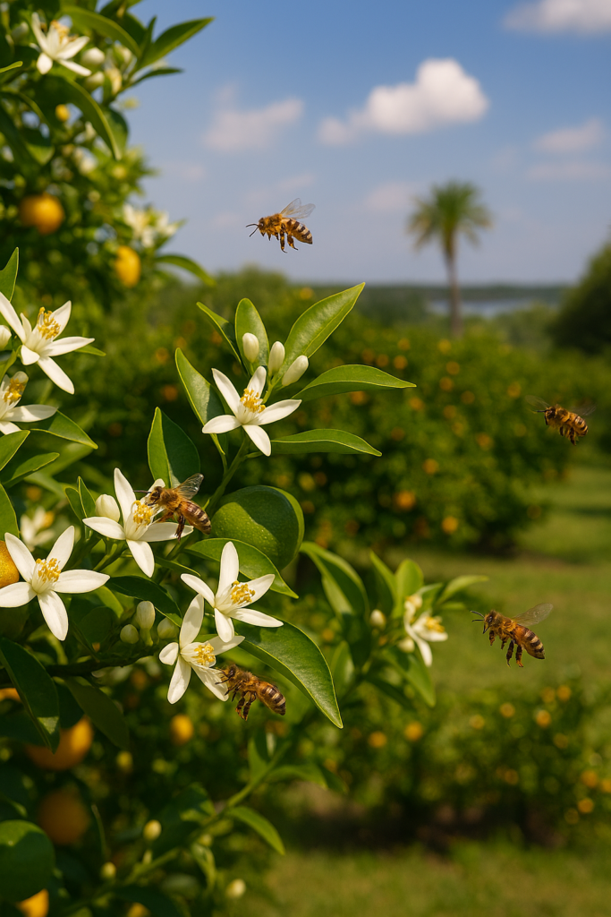 Bees on an orange tree