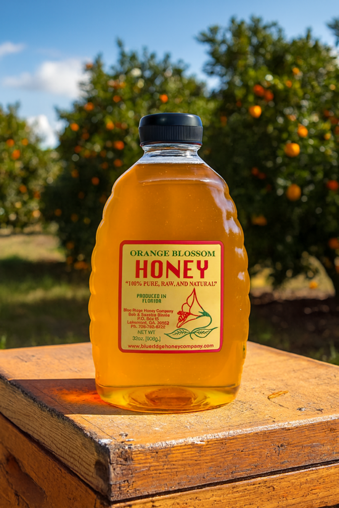 Blue Ridge Honey Company 32 oz bottle on top of a hive
