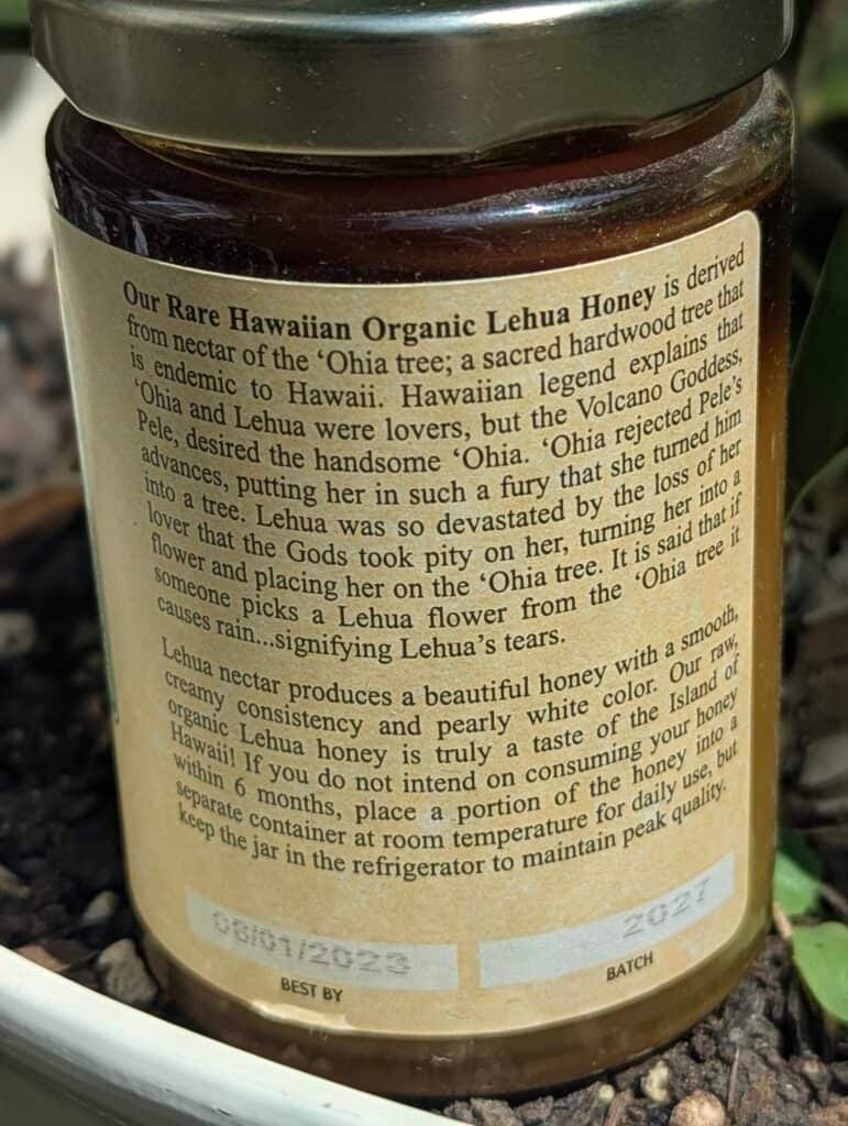 Jar of Hawaiian Lehua honey with detailed label description.