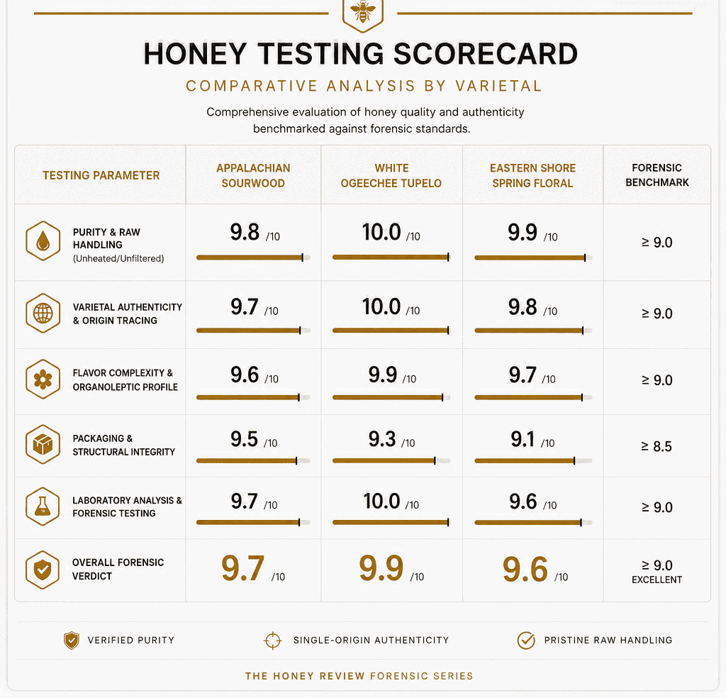 Honey testing scorecard comparing Appalachian Sourwood, White Ogeechee Tupelo, and Eastern Shore.
