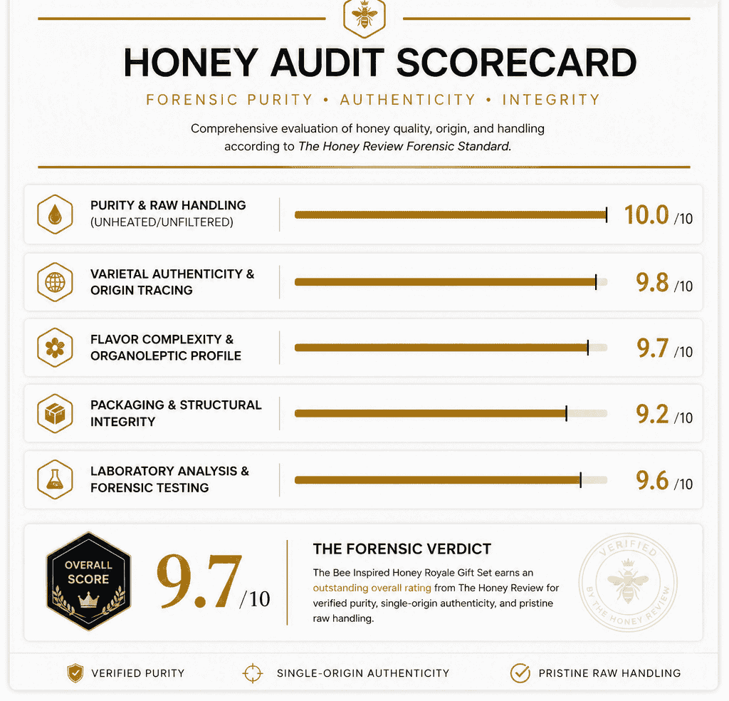 Honey audit scorecard showing purity, authenticity, and flavor profile scores.