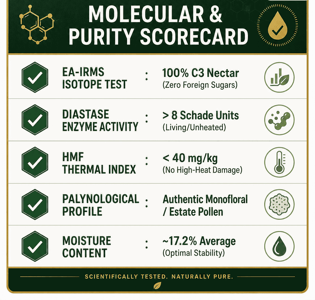 Honey purity and quality scorecard with test results and analysis.